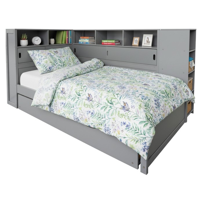 KONDELA Lendon jednolôžková posteľ s prístelkou a regálmi 90x200 sivá